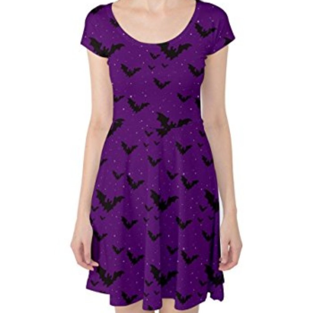 Halloween Purple Bat Print Skater Dress Size L